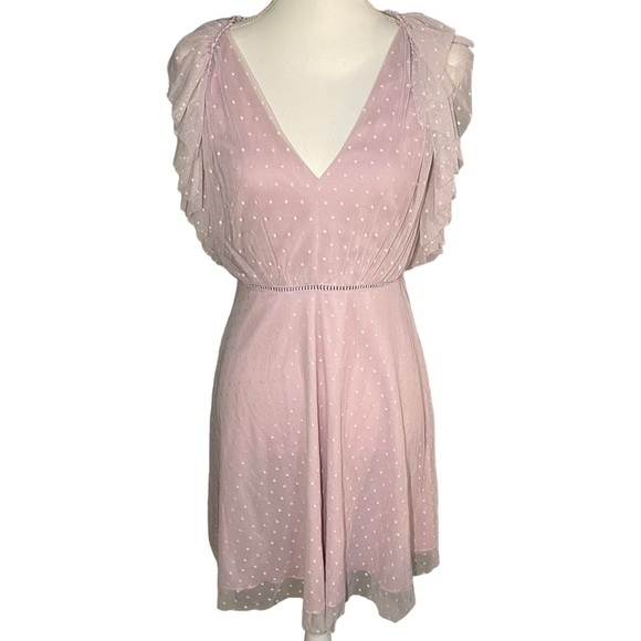 Gianni Bini Dresses & Skirts - Gianni Bini Women's‎ Medium Lilac Swiss Dot Mesh Ruffle Open Back Mini Dress